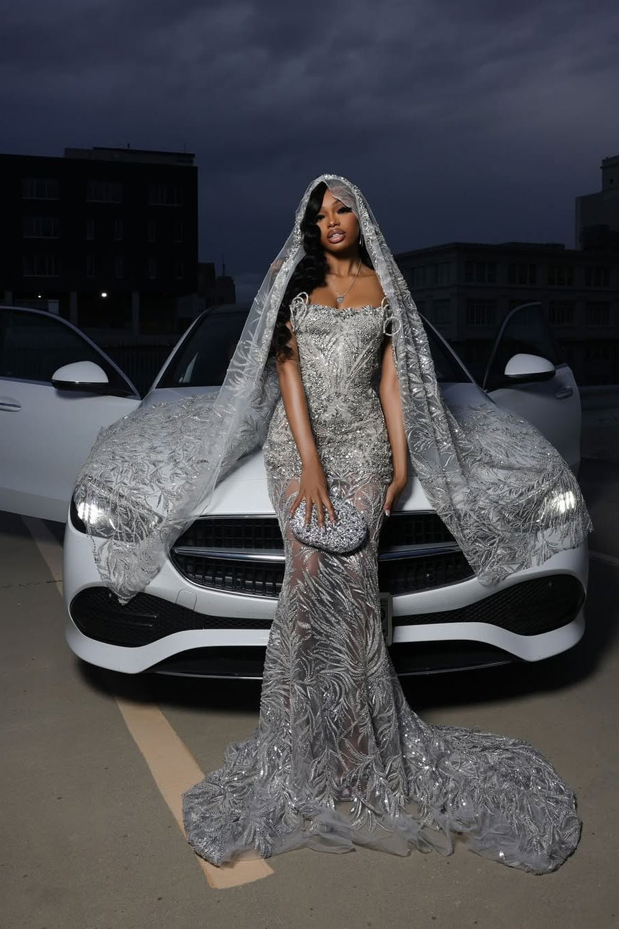 Silver Sparkle Beaded Mermaid Court Train Sweetheart Sleeveless Prom Dresses-Showprettydress