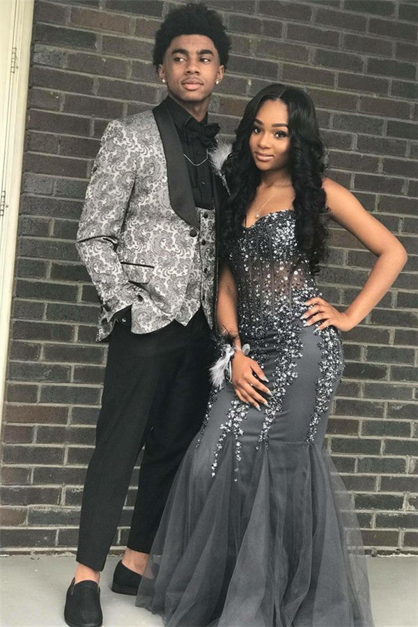 Silver Two Piece Jacquard Men's Suit Slim Fit One Button Prom Outfit