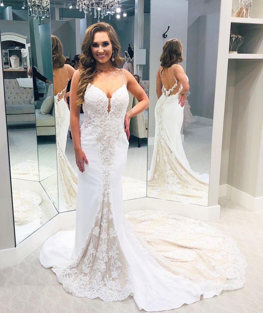Simple Backless Spaghetti Strap Column Wedding Dress with Train-showprettydress