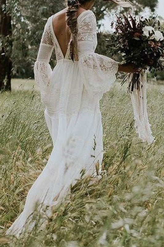 Simple Boho Wedding Dresses A-line Deep V-Neck Multilayer Lace Chiffon Beach Bridal Gowns-Showprettydress
