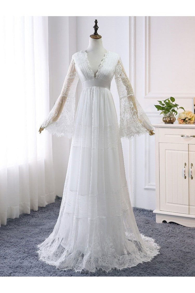 Simple Boho Wedding Dresses A-line Deep V-Neck Multilayer Lace Chiffon Beach Bridal Gowns-Showprettydress