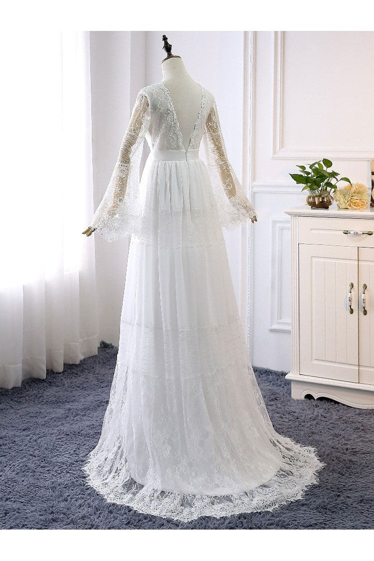 Simple Boho Wedding Dresses A-line Deep V-Neck Multilayer Lace Chiffon Beach Bridal Gowns-Showprettydress