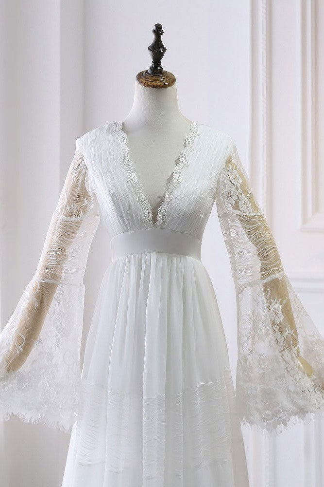 Simple Boho Wedding Dresses A-line Deep V-Neck Multilayer Lace Chiffon Beach Bridal Gowns-Showprettydress