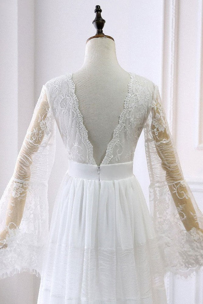 Simple Boho Wedding Dresses A-line Deep V-Neck Multilayer Lace Chiffon Beach Bridal Gowns-Showprettydress