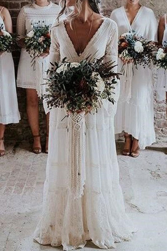 Simple Boho Wedding Dresses A-line Deep V-Neck Multilayer Lace Chiffon Beach Bridal Gowns-Showprettydress