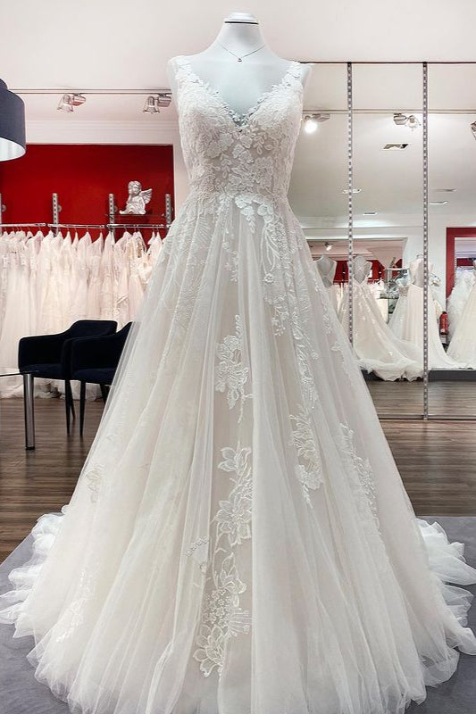 Simple Long A-line Tulle Lace V Neck Appliques Lace Open Back Wedding Dress-showprettydress