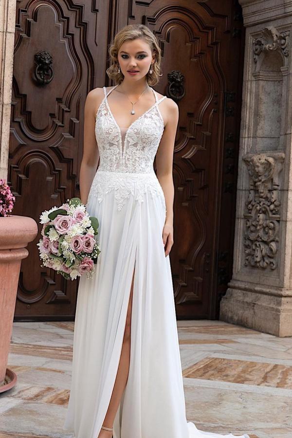 A-Line V-neck Chiffon Lace Open Back Long Wedding Dresses With Split