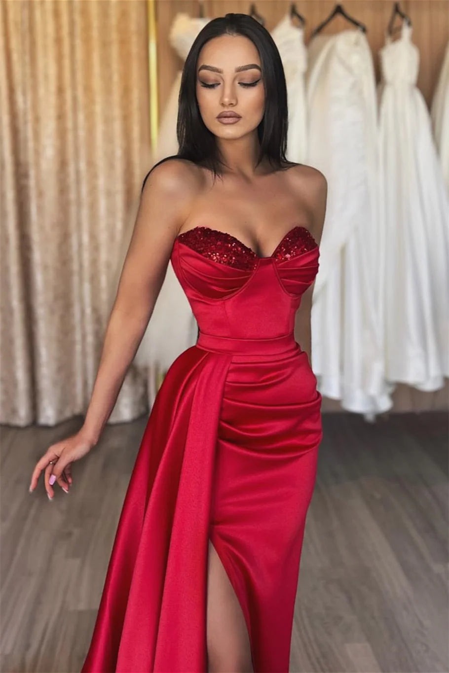 Simple Long Sweetheart Satin Mermaid Prom Dresses With Slit-showprettydress