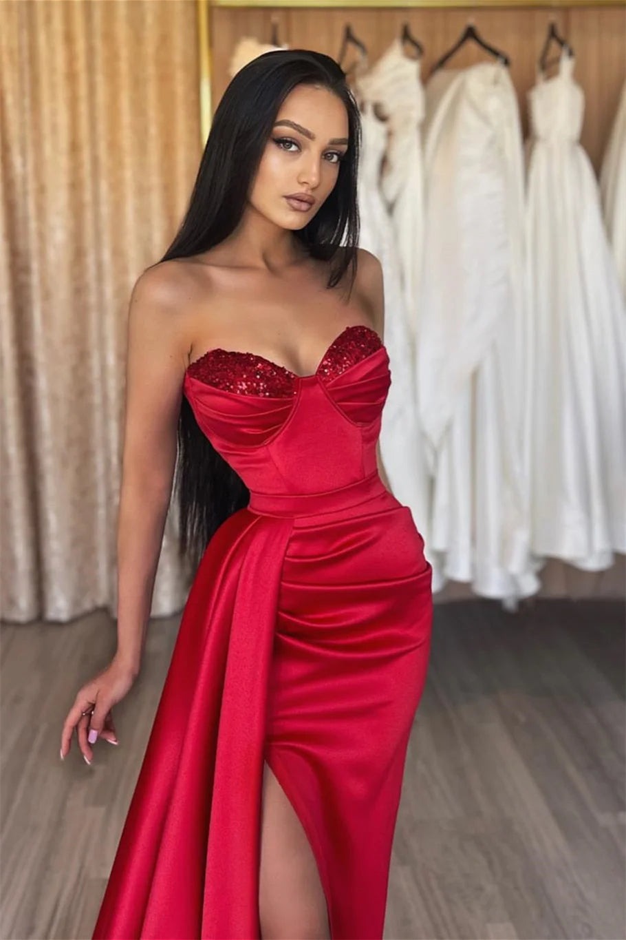 Simple Long Sweetheart Satin Mermaid Prom Dresses With Slit-showprettydress