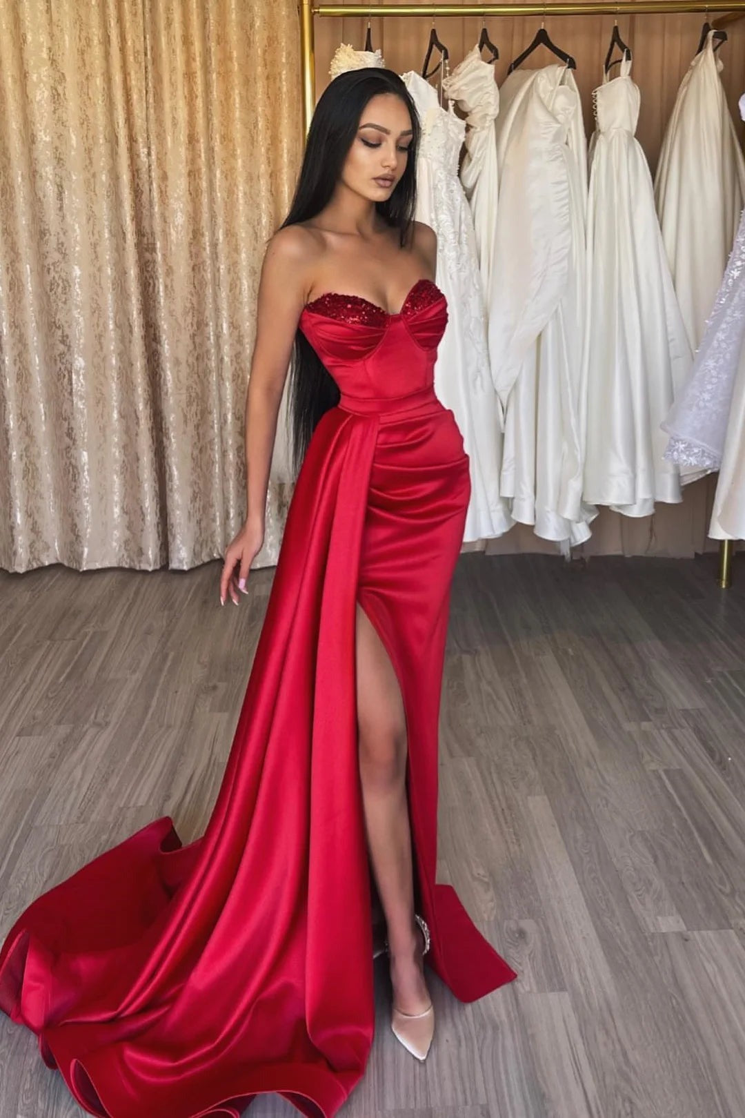 Simple Long Sweetheart Satin Mermaid Prom Dresses With Slit-showprettydress