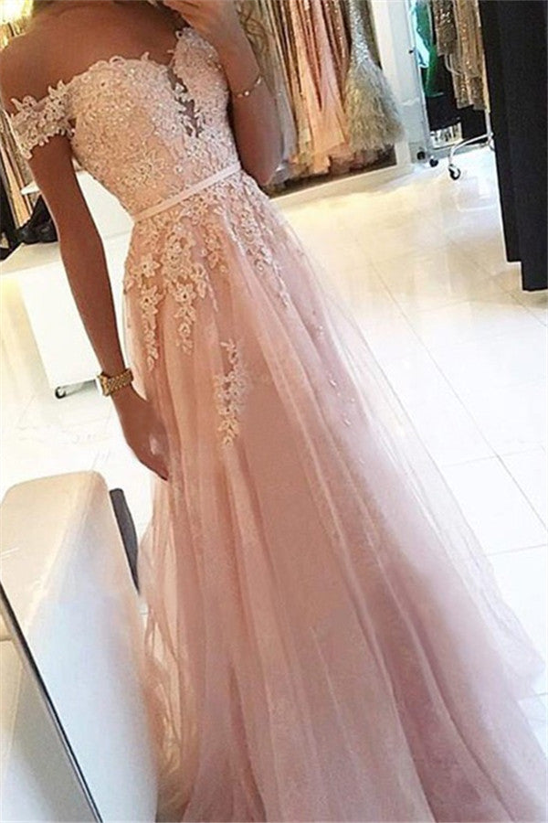 Simple Pink Off-the-Shoulder Applique Prom Dresses Soft Tulle Sleeveless Chic Evening Dresses-showprettydress