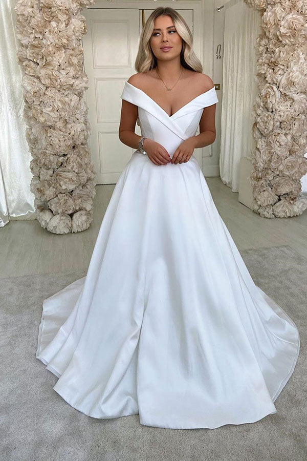 Simple Retro White Off the shoulder A line Bridal Gowns-showprettydress