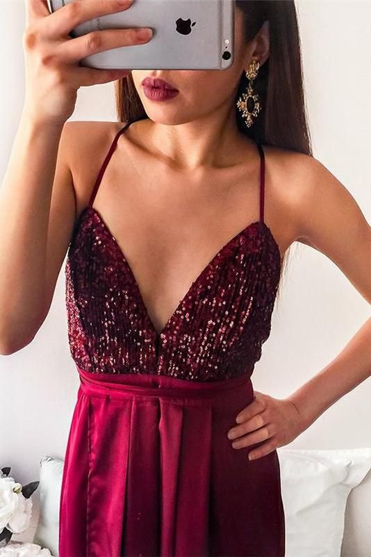 Simple Shining Sequins Applique Halter Prom Dresses Side slit Mermaid Sleeveless Chic Evening Dresses-showprettydress