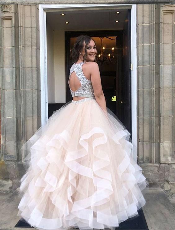 Simple Shining Sequins Jewel Sheer Prom Dresses Two Piece Sleeveless Chic Evening Dresses-showprettydress