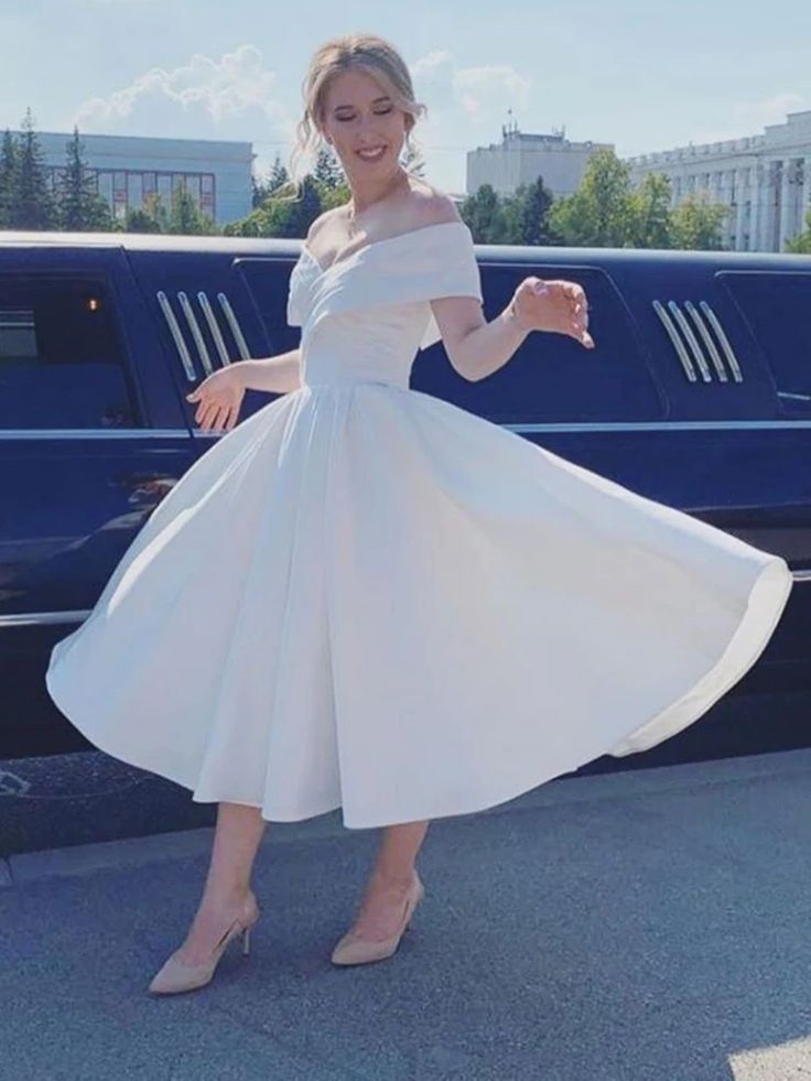 Simple Short A-line Satin Off the shoulder Wedding Dress-showprettydress