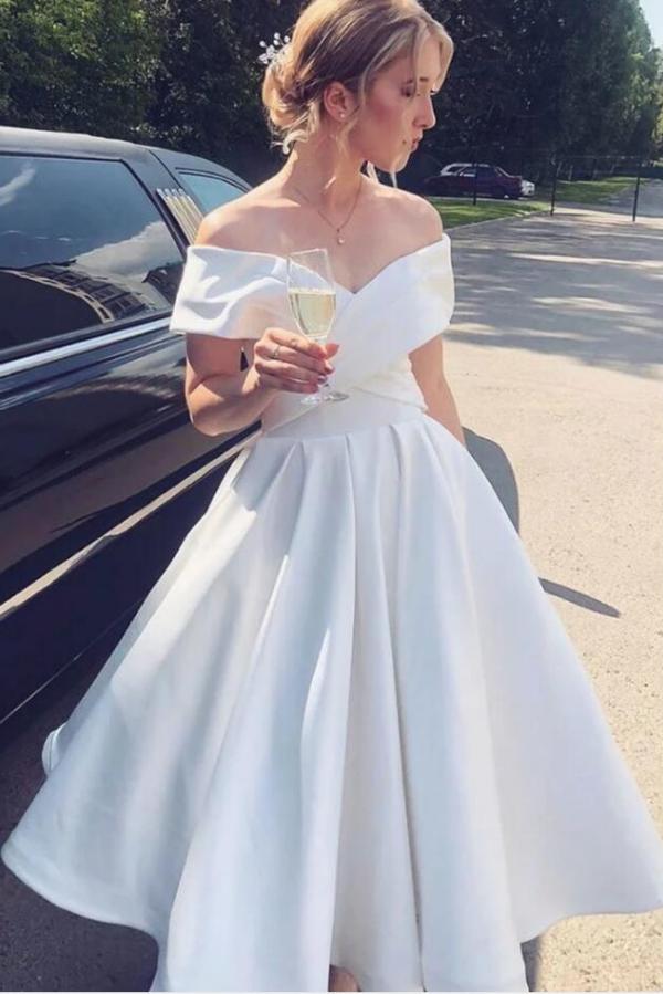 Simple Short A-line Satin Off the shoulder Wedding Dress-showprettydress