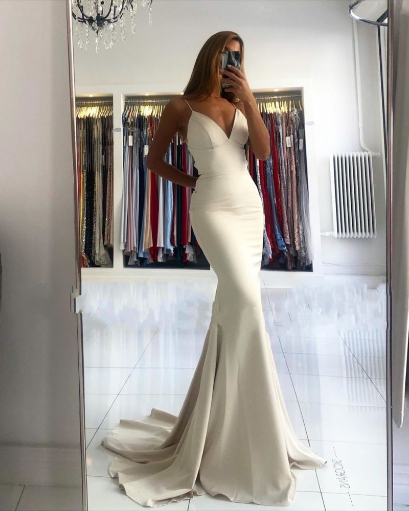 Simple style V-neck Mermaid Ivory Spaghetti Strap Evening Dress-showprettydress