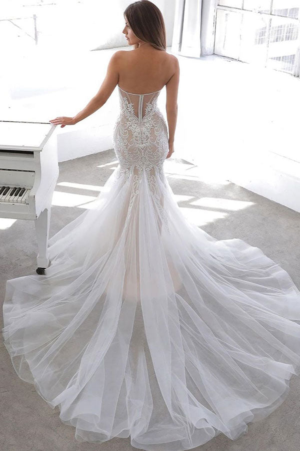 Simple Summer style White Sweetheart Mermaid Lace Wedding Dress Online-showprettydress