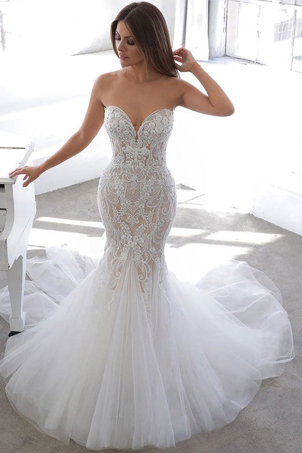 Simple Summer style White Sweetheart Mermaid Lace Wedding Dress Online-showprettydress