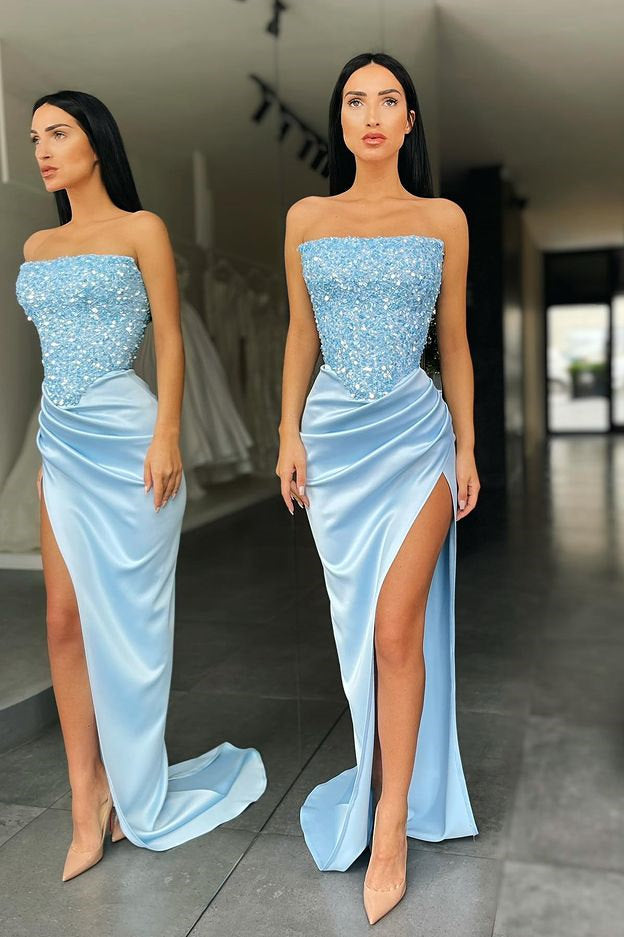 Sky Blue Long Mermaid Strapless Sequin Prom Dress with Slit