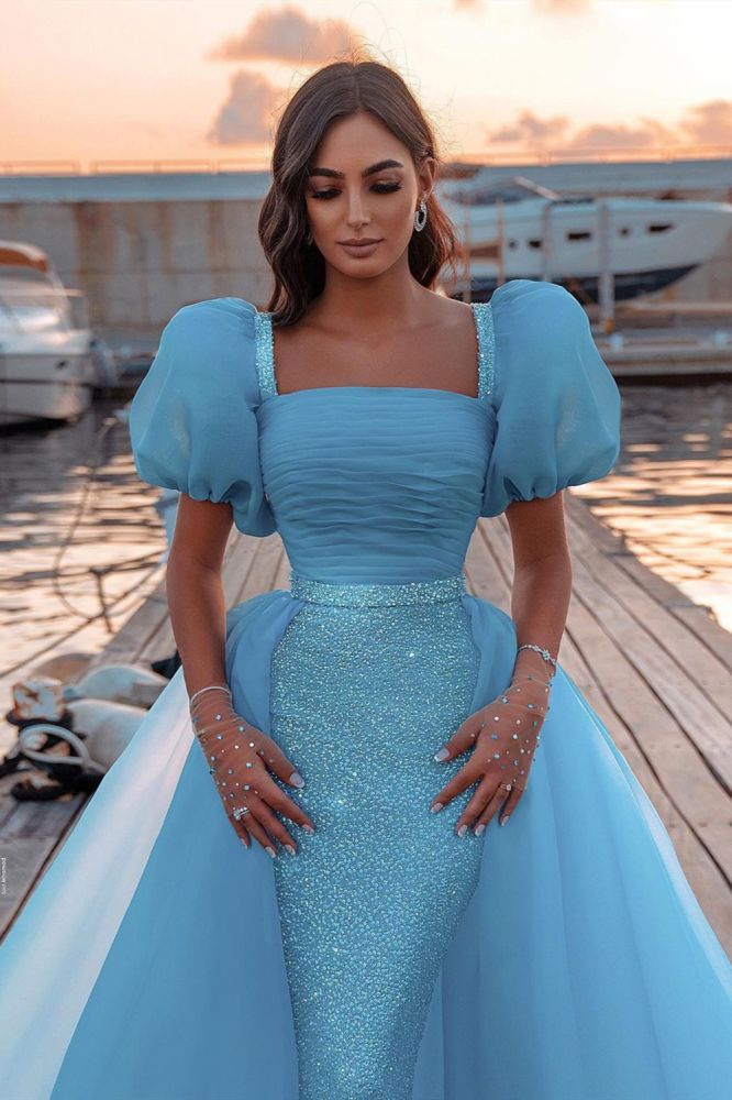 Sky Blue Princess Mermaid Evening Gowns with Sweep Train Short Sleeve Party Gowns-showprettydress