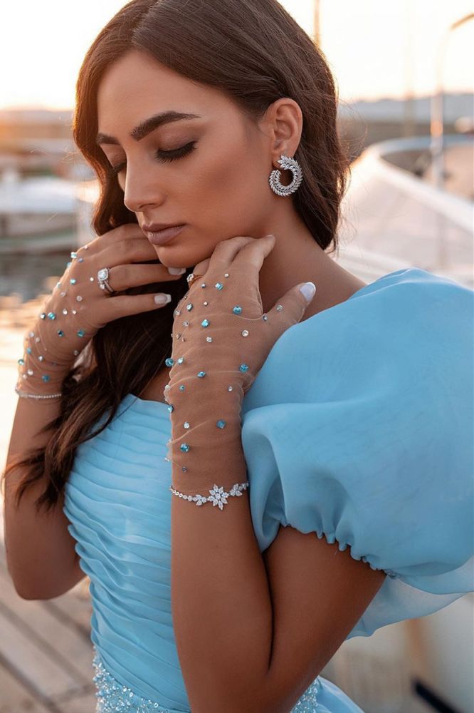 Sky Blue Princess Mermaid Evening Gowns with Sweep Train Short Sleeve Party Gowns-showprettydress