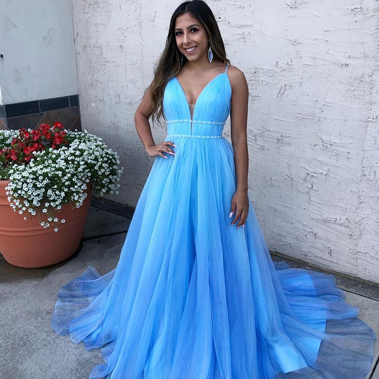 Sky Blue Spaghetti-Straps A-Line Tulle Sleeveless Prom Party Gowns-showprettydress