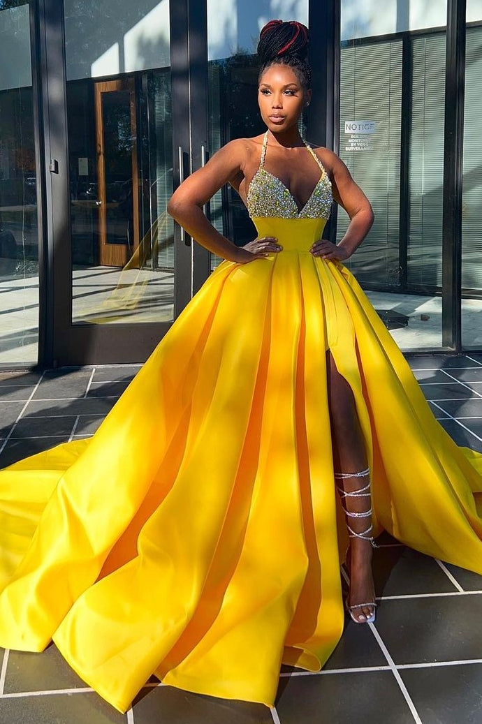 Sleeveless Ball Gown Spaghetti Backless Beading Prom Dress-showprettydress
