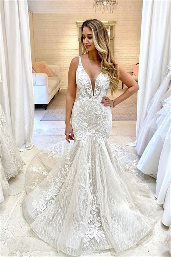 Sleeveless Deep V neck mermaid Summer Bridal Gowns-showprettydress
