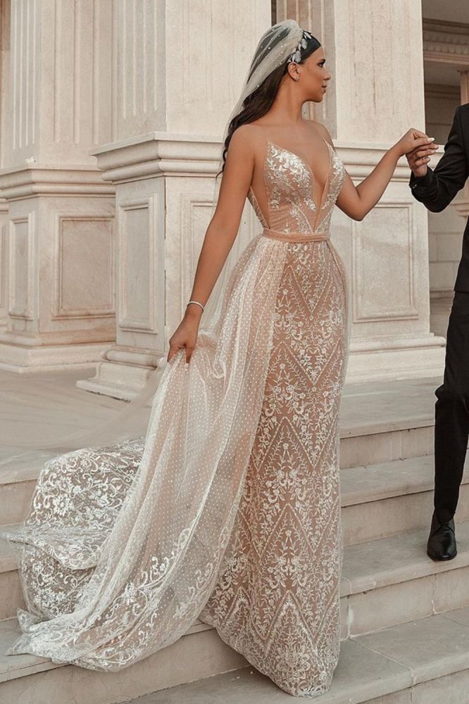 Sleeveless Floral Lace Mermaid Wedding Dress Detachable Train-showprettydress