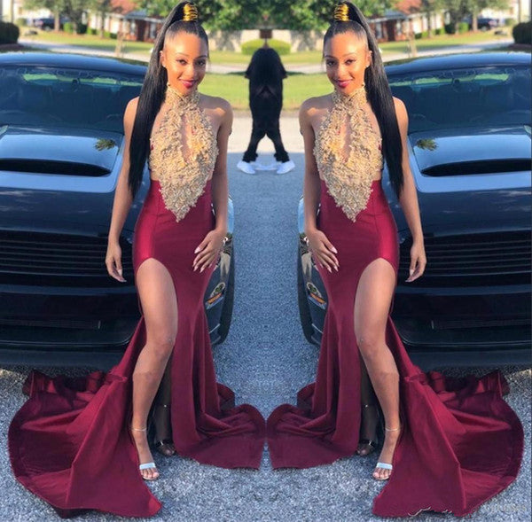 Sleeveless Halter Front Slit Golden Appliques Burgundy Mermaid Prom Dresses-showprettydress