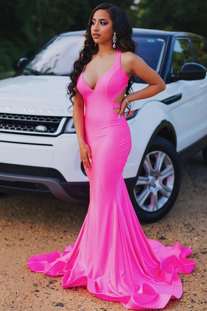 Sleeveless Hot pink Criss-cross back Mermaid Long Train Prom Dresses-showprettydress