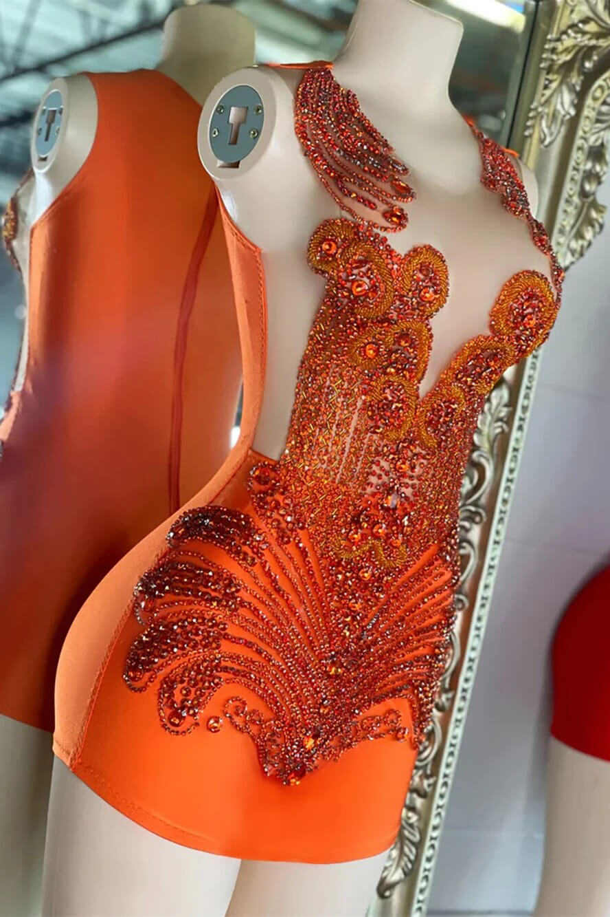 Sleeveless Orange Short Prom Dresses with Scoop Neck and Beadings-Showprettydress