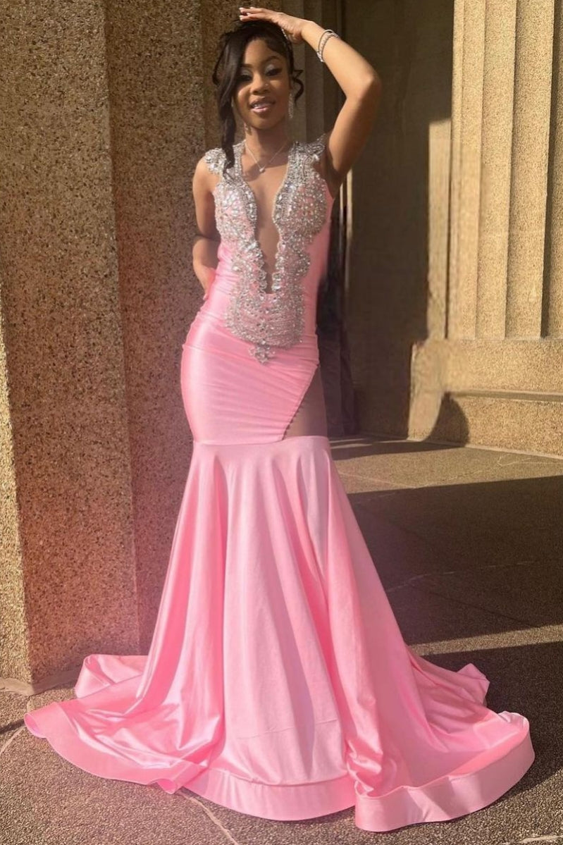 Sleeveless Pink Cutout Mermaid Long Prom Dresses-showprettydress