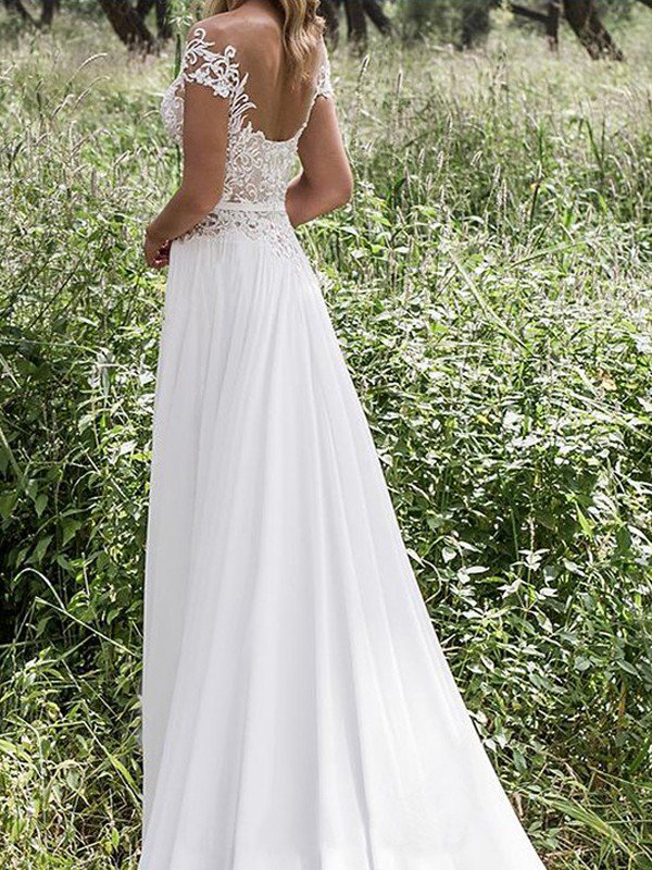 Sleeveless V neck Lace Chiffon A Line Floor Length Wedding Dresses-showprettydress