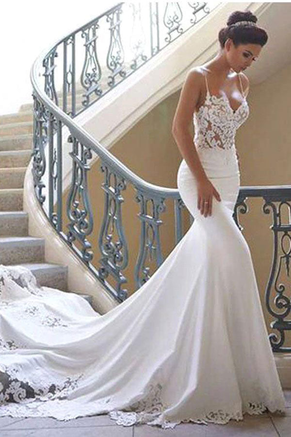 Spaghetti Strap Lace Wedding Dress Online with Chapel Train-showprettydress