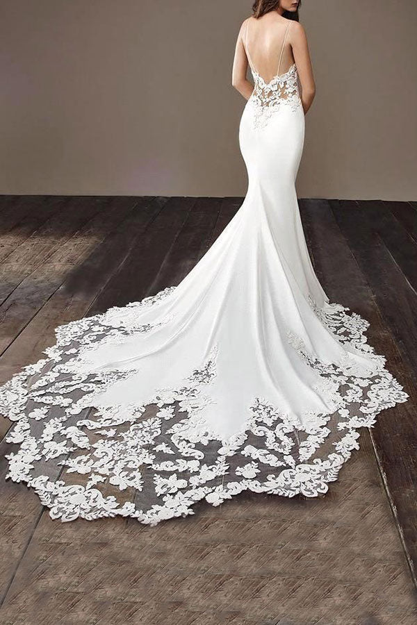 Spaghetti Strap Lace Wedding Dress Online with Chapel Train-showprettydress