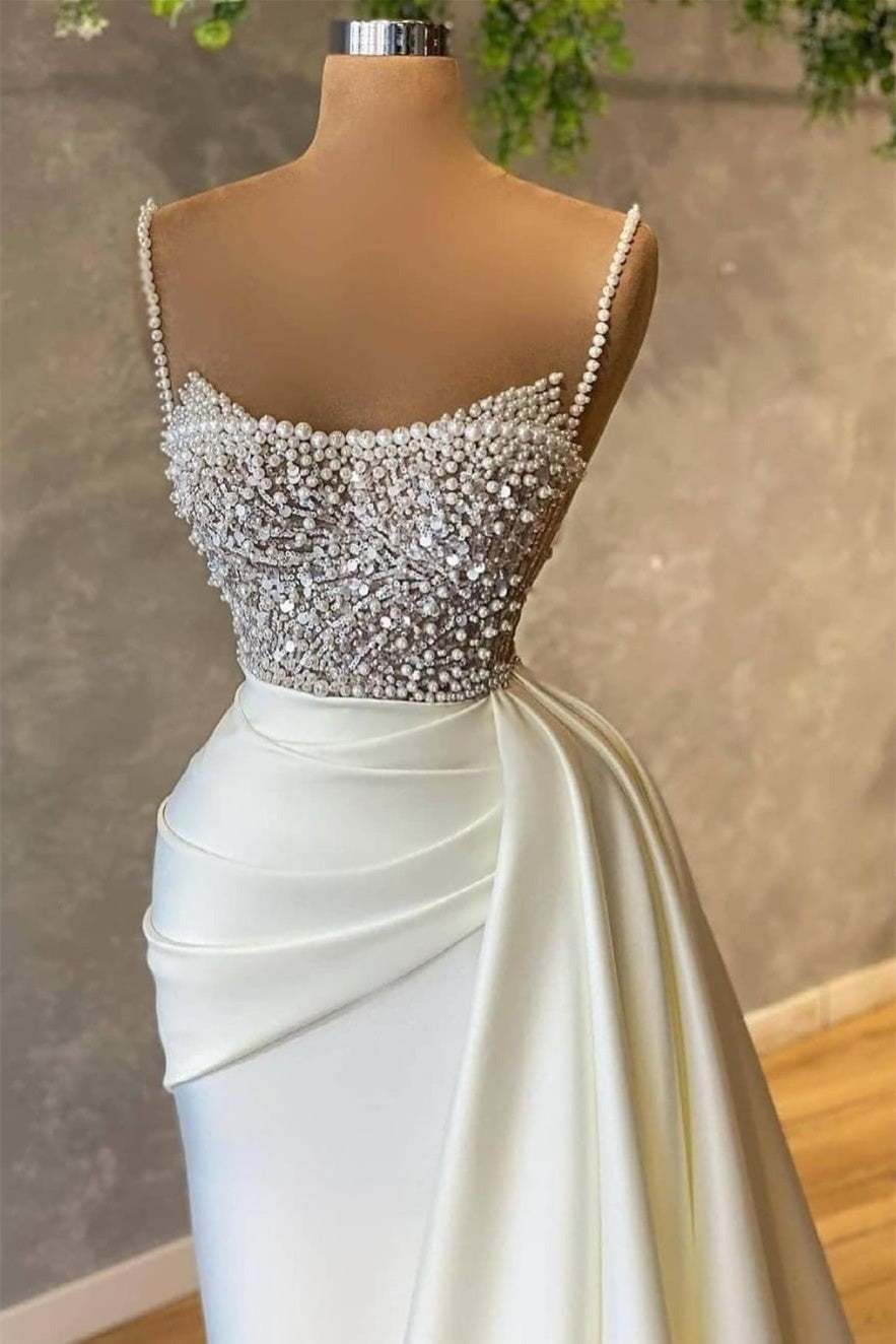 Spaghetti strap Mermaid Sweetheart Sleeveless Sequined Beaded Floor-length Prom Dress-showprettydress