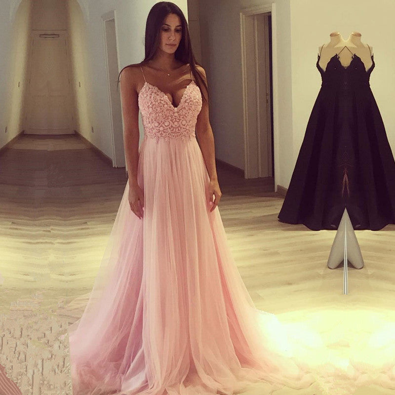 Spaghetti Strap V-Neck Pink Prom Party GownsLong Tulle Party Gowns-showprettydress