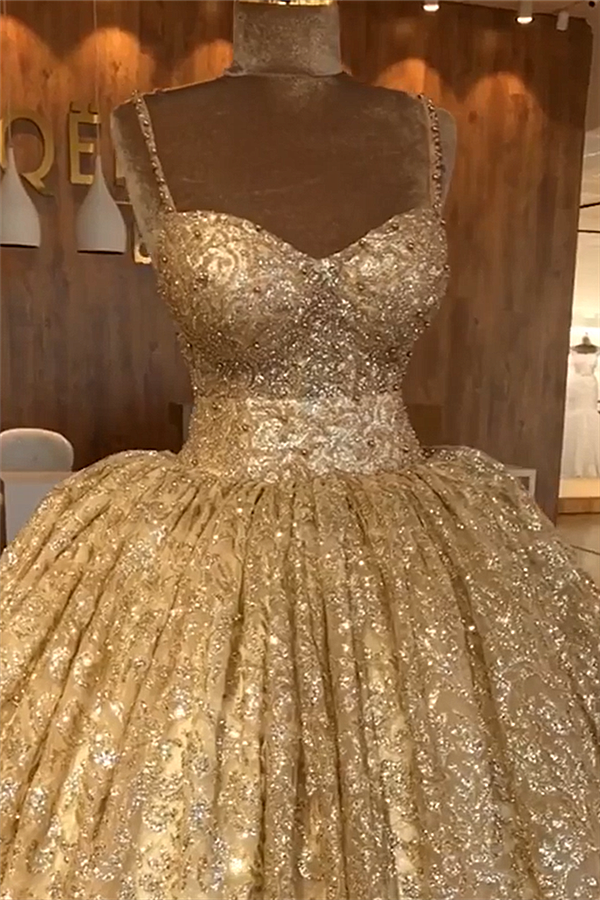 Spaghetti Straps Gold Beaded Lace Evening Dress Luxurious Ball Gown Princess Open Back Prom Party Gowns-showprettydress