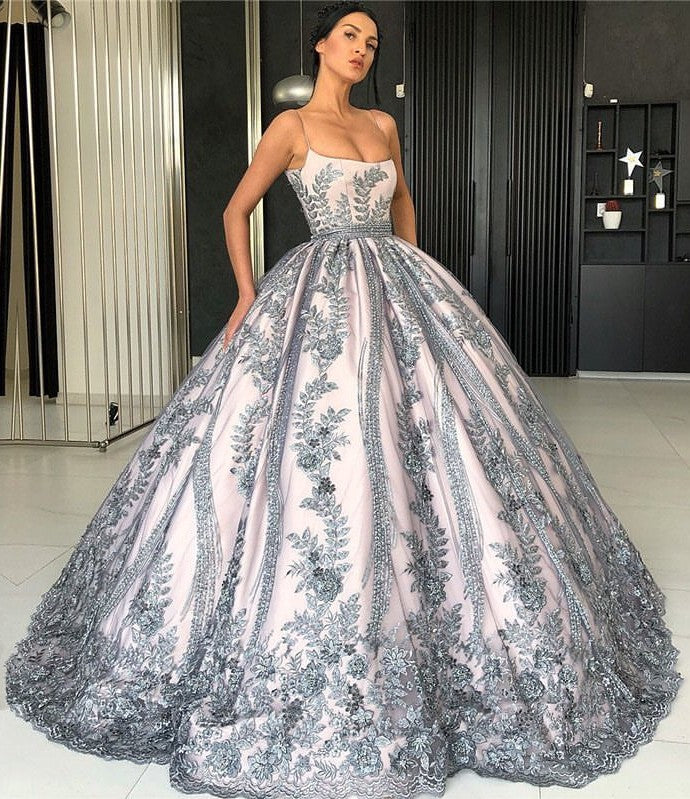 Spaghetti Straps Lace Appliques Evening Dresses Luxurious Princess Ball Gown Prom Party GownsNew Arrival-showprettydress