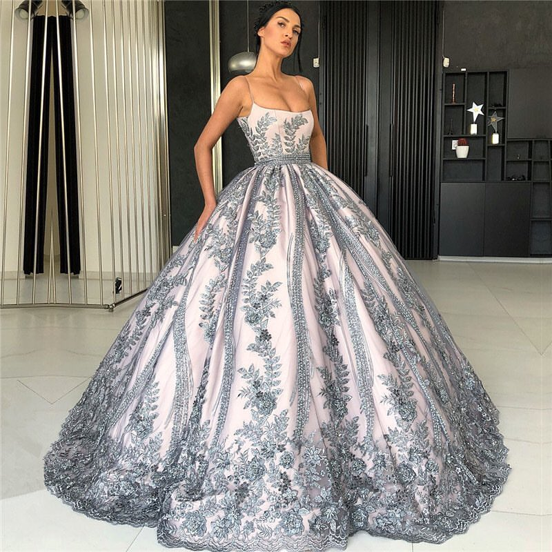 Spaghetti Straps Lace Appliques Evening Dresses Luxurious Princess Ball Gown Prom Party GownsNew Arrival-showprettydress