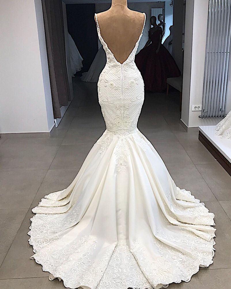 Spaghetti Straps Lace Fit and Flare Wedding Dresses Overskirt Appliques Detachable Satin Backless Bridal Gowns-showprettydress