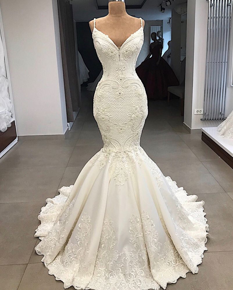 Spaghetti Straps Lace Fit and Flare Wedding Dresses Overskirt Appliques Detachable Satin Backless Bridal Gowns-showprettydress