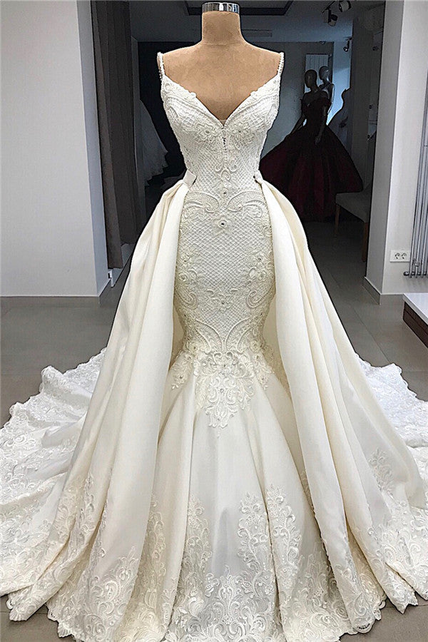 Spaghetti Straps Lace Fit and Flare Wedding Dresses Overskirt Appliques  Detachable Satin Backless Bridal Gowns