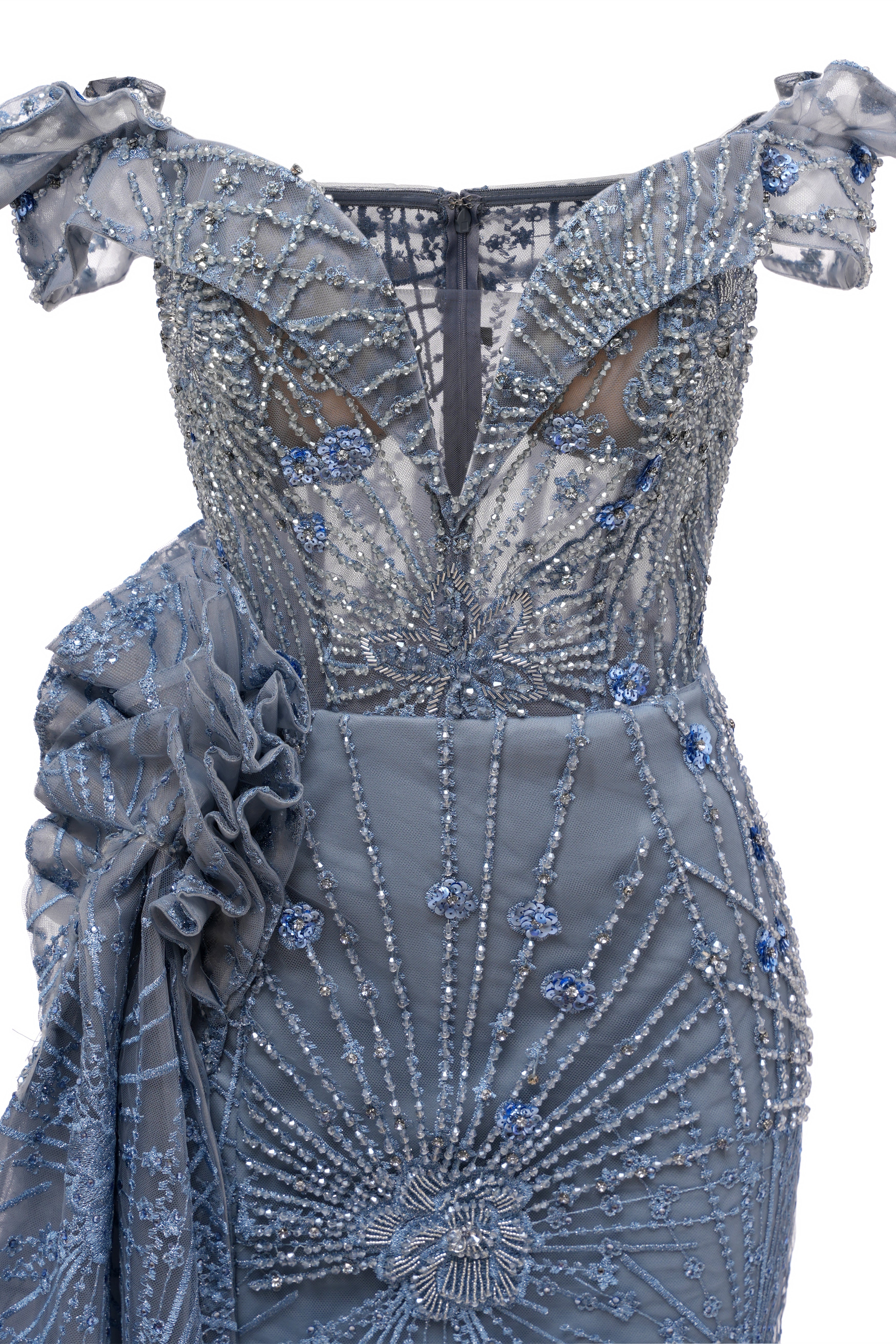 Sparkle Beaded Gray Off the shoulder Flowers Evening Dresses-showprettydress