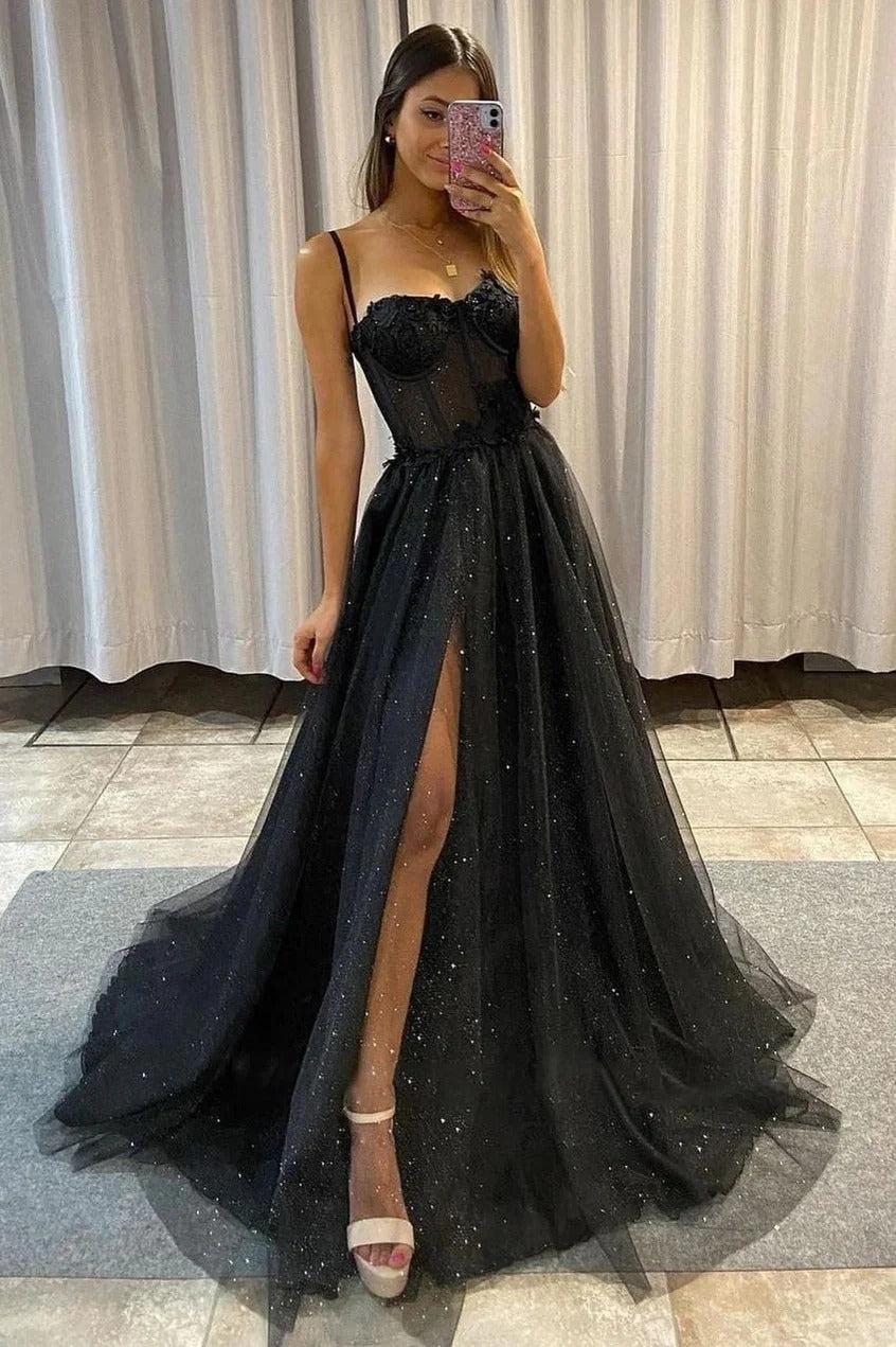 Sparkle Black Long A-line Spaghetti Strap Tulle Prom Dress with Slit