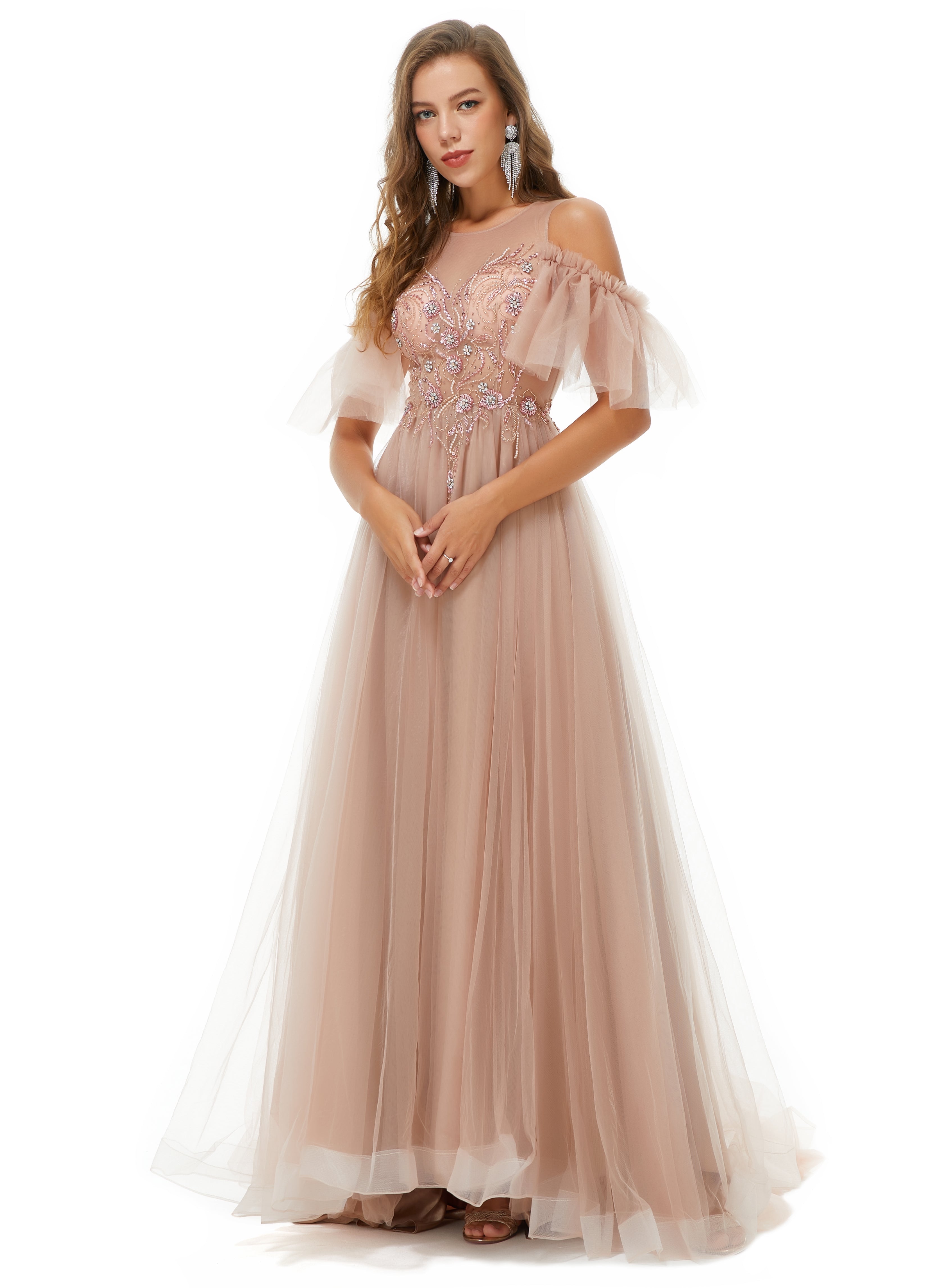 Sparkle Champange Long Beaded Cool shoulder A-line Beaded Prom Dresses-showprettydress