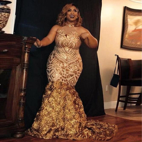 Sparkle Golden Sequined High neck Plus size Mermaid Prom Party Gowns with Flower Train-showprettydress