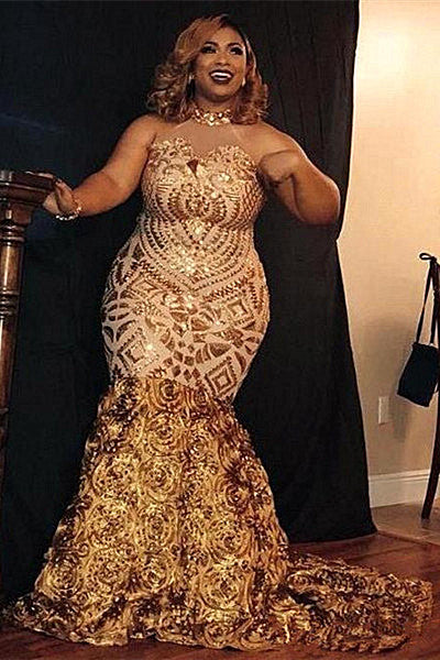 Sparkle Golden Sequined High neck Plus size Mermaid Prom Party Gowns with Flower Train-showprettydress